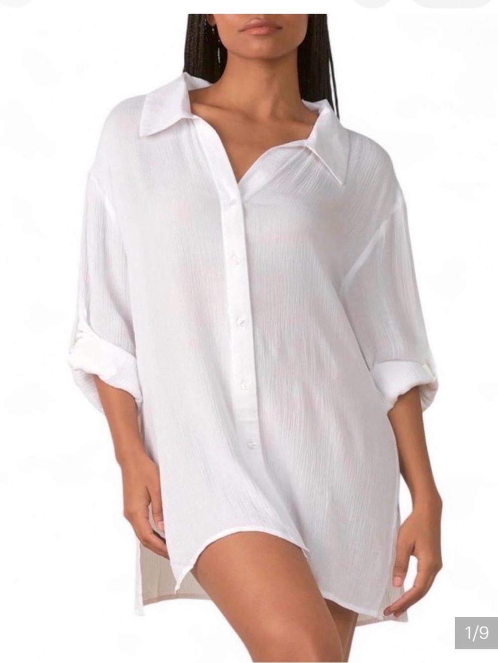 Elan Sheer Crinkle Gauze Button-Front Swim Cover-Up Shirt, M